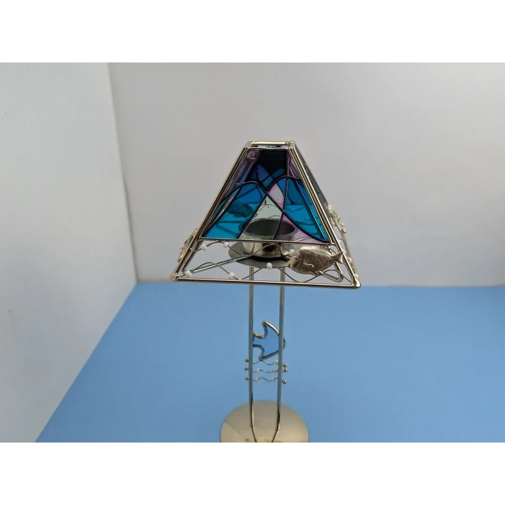 Aquatic Ocean Fish Stained Glass Tea Light Candle Holder Lamp Beach Theme Votive